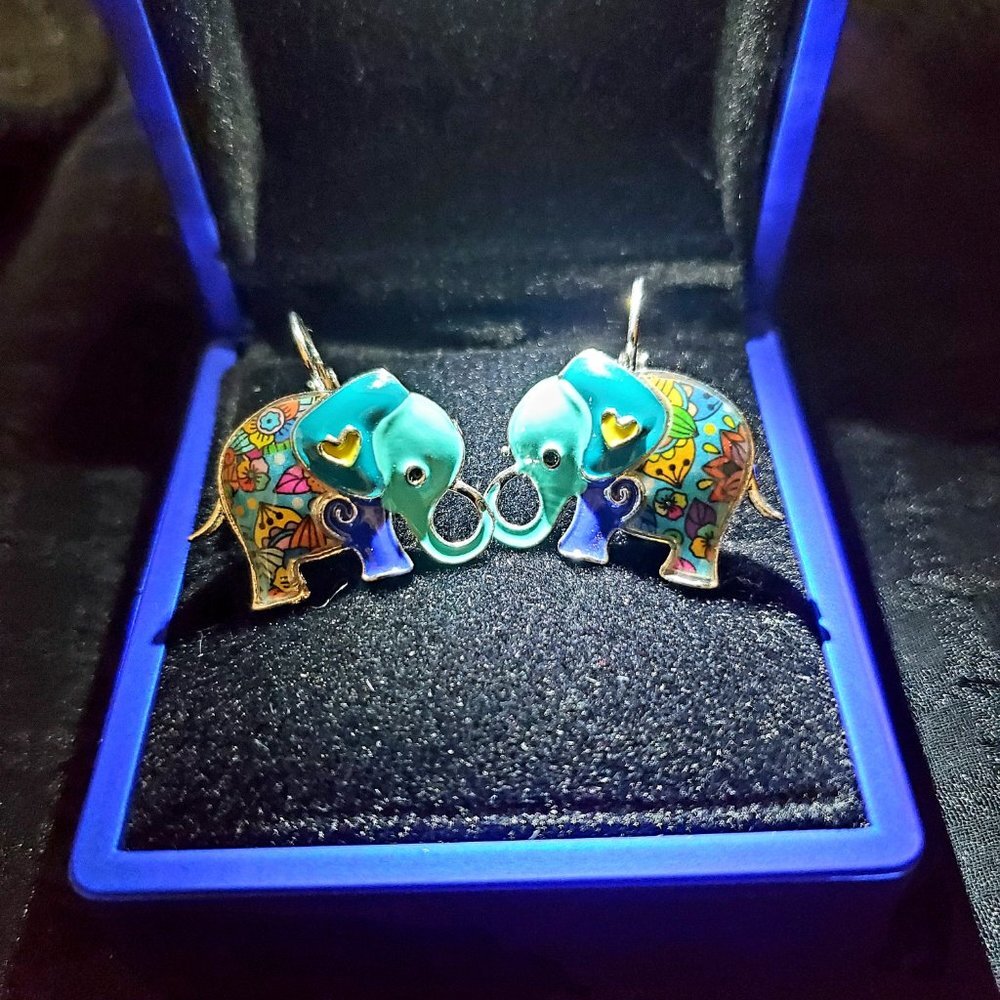 Handpainted Enamel Elephant Earrings Dk Teal Ears